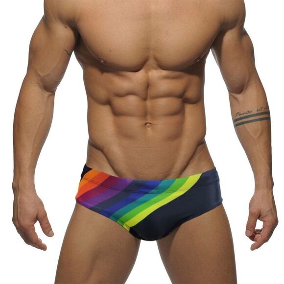 Men's Rainbow Stripes Speedo Swimwear Swim Briefs Beach Love is Love black L - Picture 1 of 5